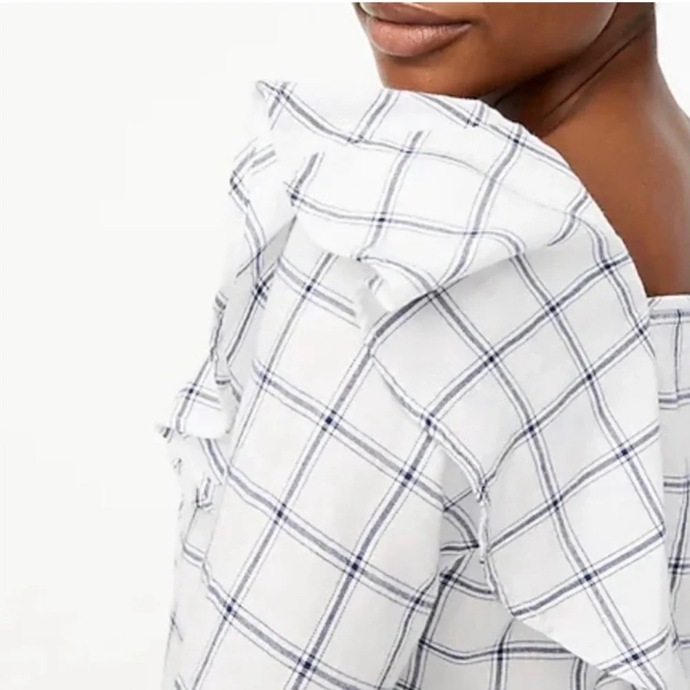J.Crew Plaid Flannel Square Neck Ruffle Blouse size Large